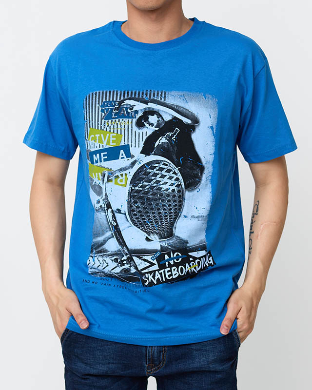 Vīriešu zils kokvilnas t-krekls ar krāsainu apdruku - Apģērbs
