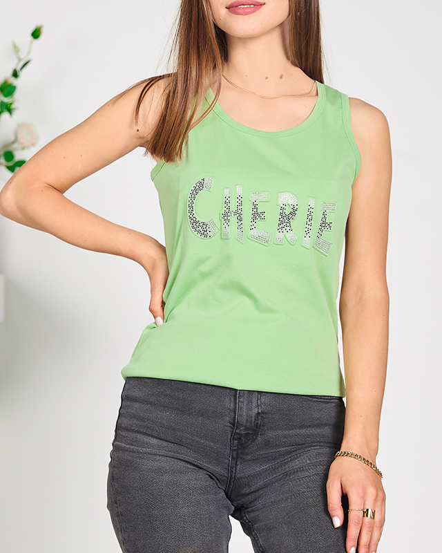 Zaļš sieviešu tops ar uzrakstu un kubisko cirkoniju - Apģērbs
