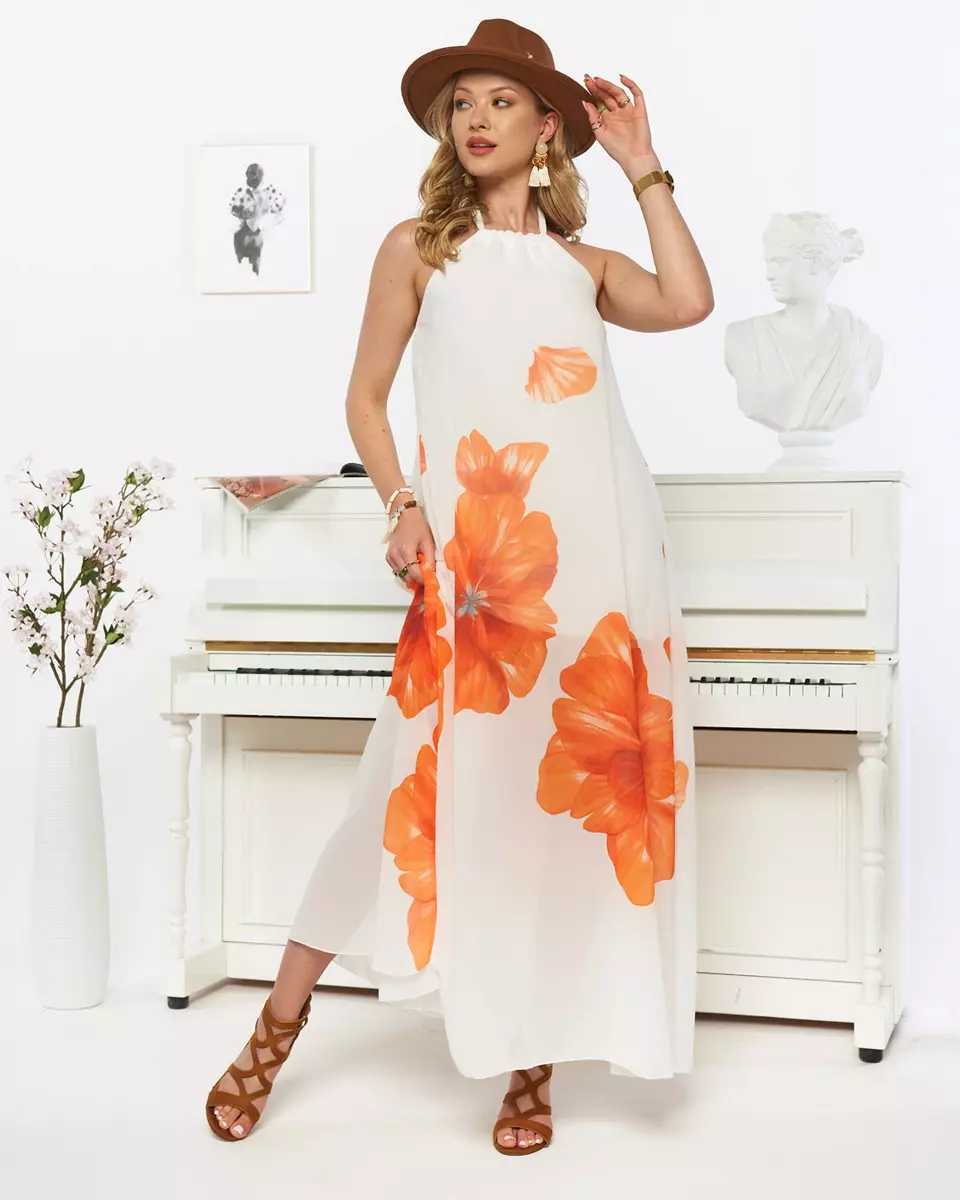 Balta sieviešu midi kleita ar oranžiem ziediem - Apģērbs