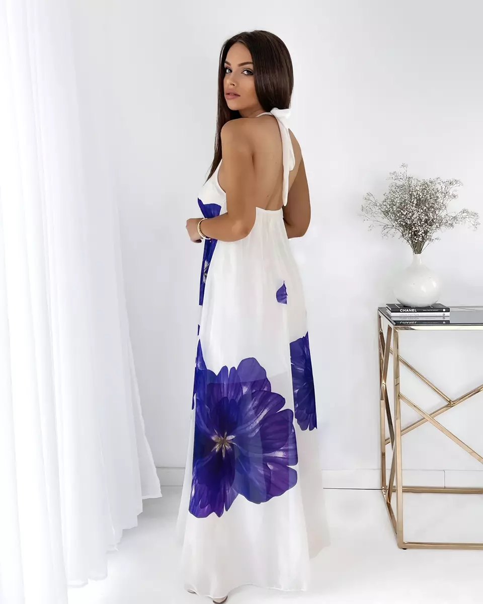 Balta sieviešu midi kleita ar violetiem ziediem - Apģērbs