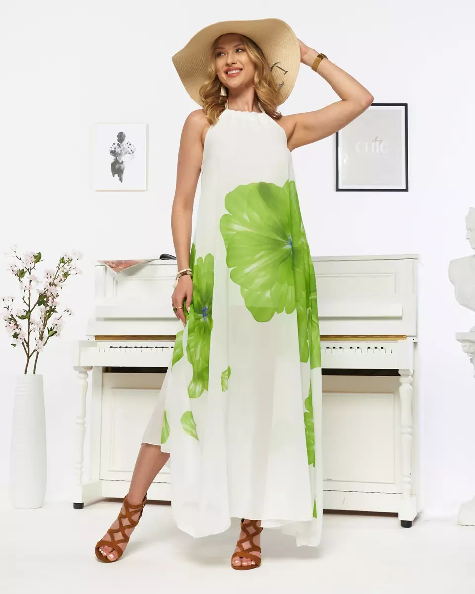 Balta sieviešu midi kleita ar zaļiem ziediem - Apģērbs