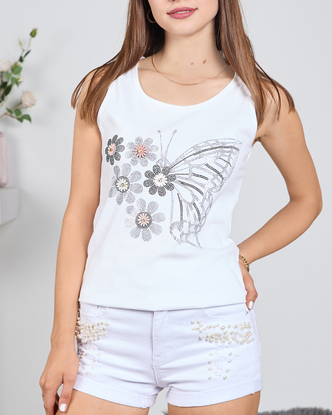 Balts sieviešu tops ar tauriņu un ziediem - Apģērbs