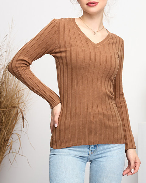 Brūns sieviešu džemperis ar V veida kakla izgriezumu - Apģērbs