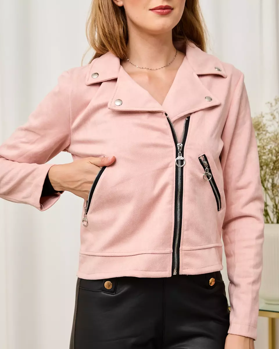 Gaiši rozā sieviešu eko-zamšādas baikeru jaka ar kabatām - Apģērbs