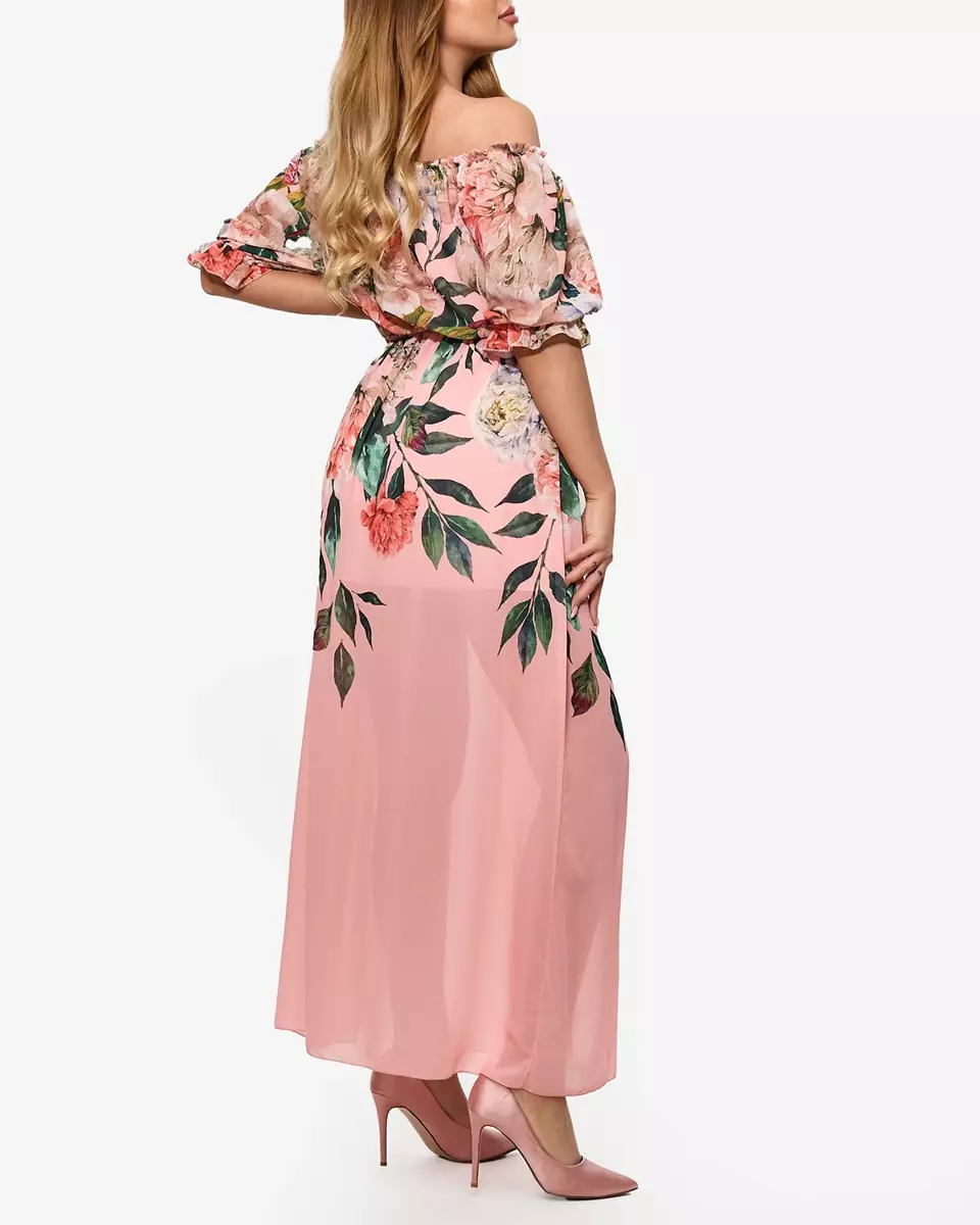 Gaiši rozā sieviešu gara kleita ar ziedu oderi - Apģērbs