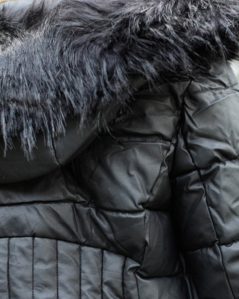 Melna sieviešu stepēta jaka ar kapuci un kažokādu - Apģērbs
