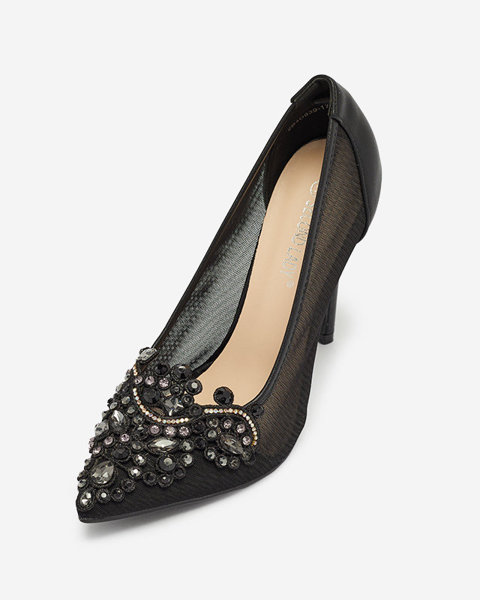 Melni sieviešu stiletto kurpes ar tīklojumu un cirkoniem Heiflo- Footwear