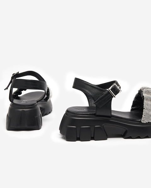 OUTLET Melnas sieviešu sandales ar kubiskajiem cirkoniem Pokio- Footwear