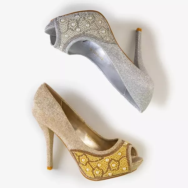 OUTLET Sudraba sieviešu augstpapēžu kurpes ar kubisko cirkoniju un pērlēm Mira - Apavi