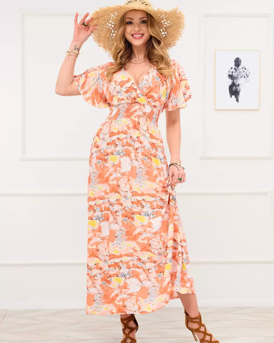 Oranža sieviešu gara kleita ar modernu rakstu - Apģērbs