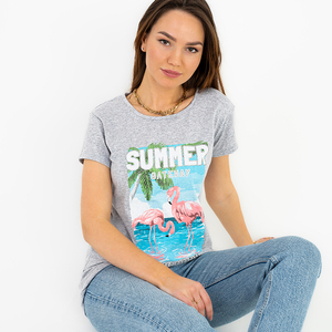 Pelēks sieviešu t-krekls ar krāsainu flamingo apdruku - Apģērbs