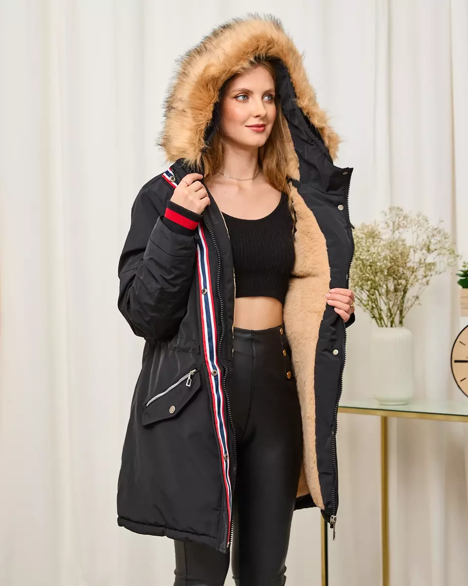Sieviešu 'Melna ziemas jaka ar elastīgu jostasvietu - Apģērbs
