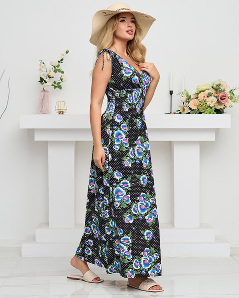 Sieviešu melna maxi kleita ar ziliem ziediem - Apģērbs