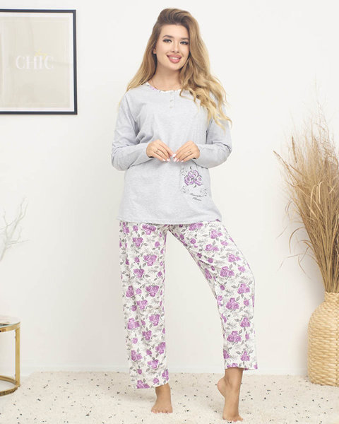 Sieviešu pidžama ar ziedu apdruku pelēkā un violetā krāsā PLUS SIZE- Apģērbi