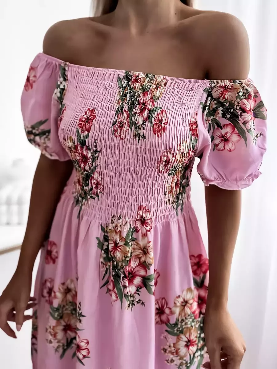 Sieviešu rozā midi kleita ar ziedu rakstu - Apģērbs