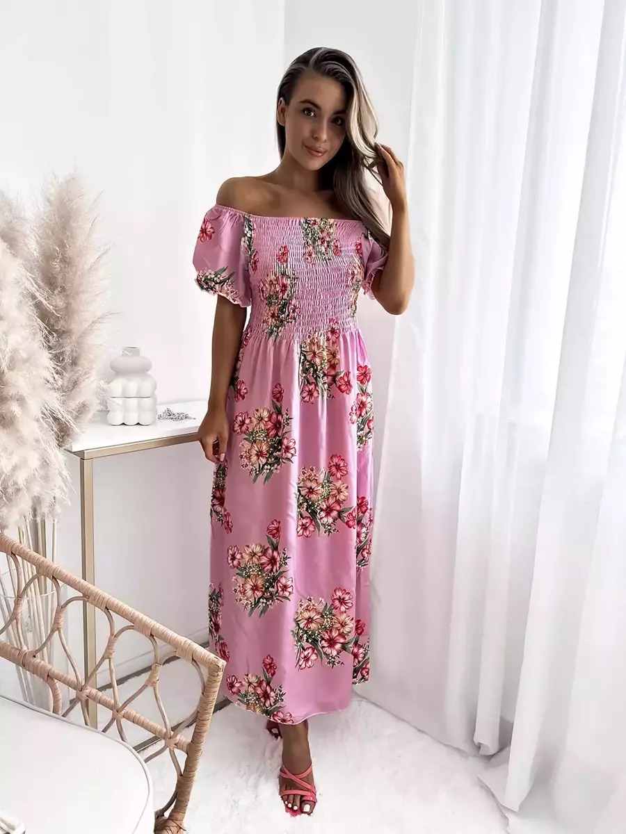 Sieviešu rozā midi kleita ar ziedu rakstu - Apģērbs