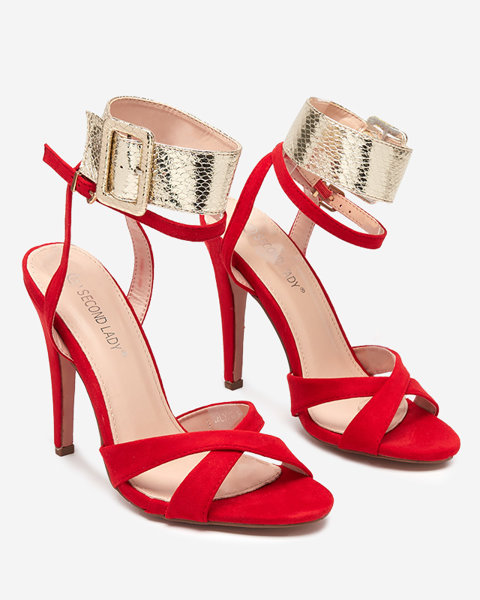 Sieviešu sandales uz augsta papēža sarkanā krāsā ar zelta svītru Magnesias - Footwear