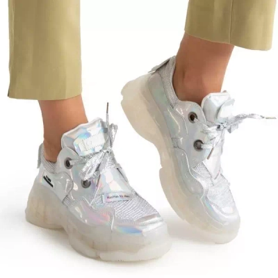 Srebrne sneakersy damskie z holograficznym wykończeniem Haohan- Obuwie